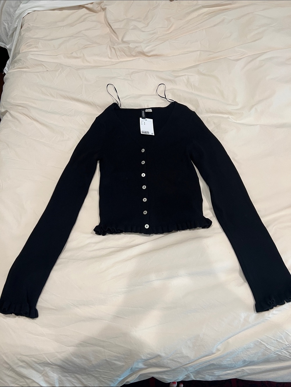 H&M Black Ribbed Button-Front V-Neck Cardigan